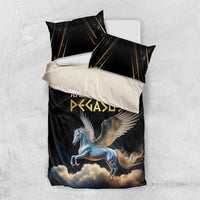 Black bedding set with Pegasus print and matching pillowcases