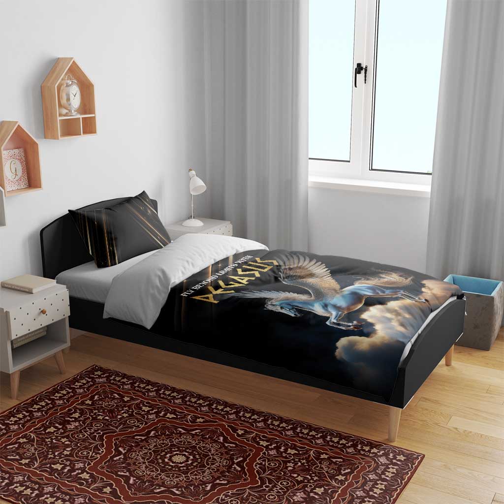 Black duvet and pillow set on bed with Pegasus graphic centerpiece