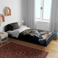 Black duvet and pillow set on bed with Pegasus graphic centerpiece
