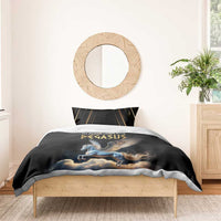 Black duvet cover with Pegasus fantasy print on a light wood bed