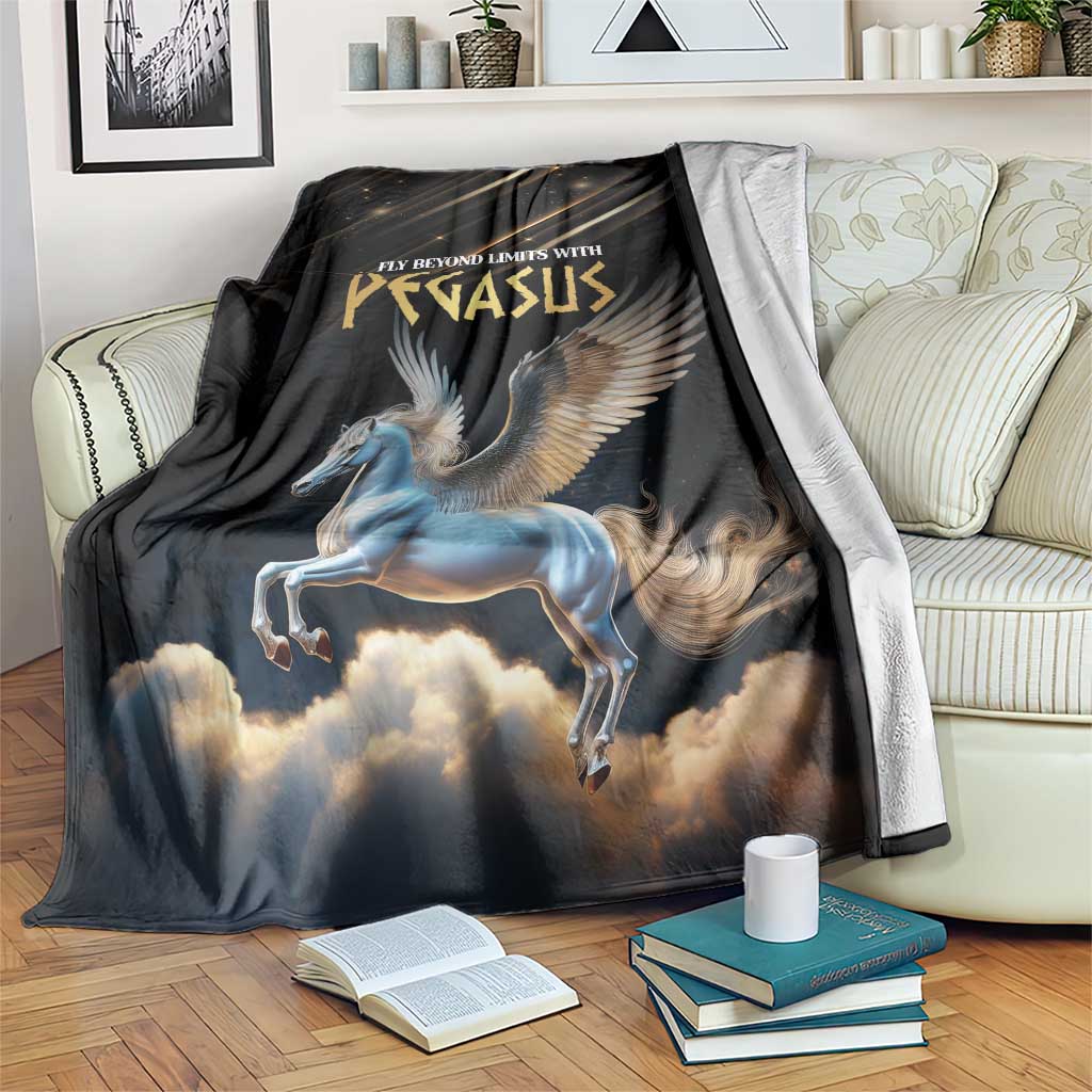 Black Pegasus blanket with winged horse graphic and clouds, draped over couch