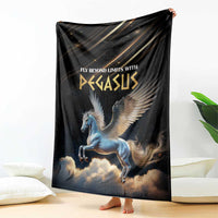 Black Pegasus blanket draped upright, winged horse graphic with clouds and gold logo