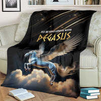 Black Pegasus blanket with winged horse graphic and clouds, folded over cream couch