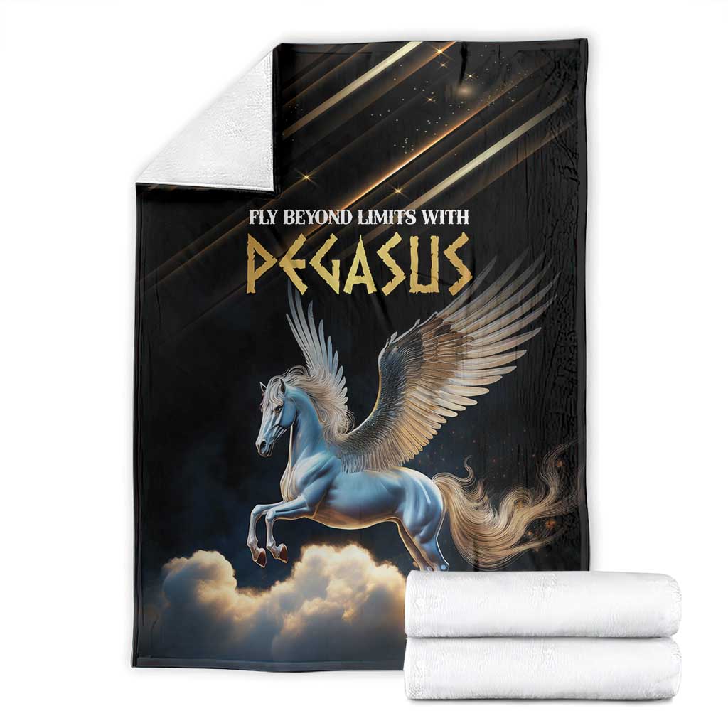 Black Pegasus blanket with winged horse and clouds, with rolled white towels