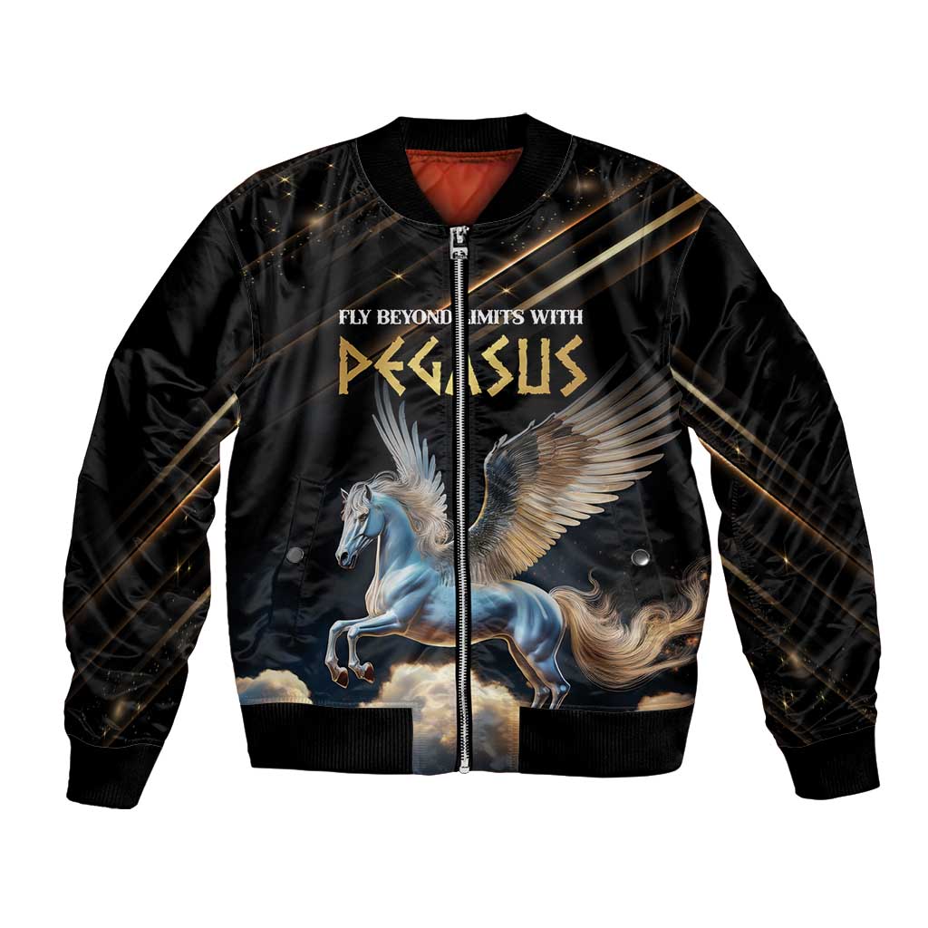 Black unisex bomber jacket with front zipper and Pegasus graphic, golden lines