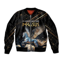 Black unisex bomber jacket with front zipper and Pegasus graphic, golden lines