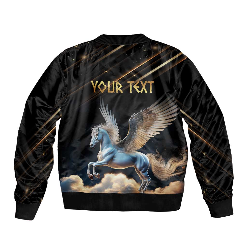 Black unisex bomber jacket with back YOUR TEXT and Pegasus winged horse print