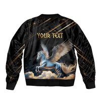 Black unisex bomber jacket with back YOUR TEXT and Pegasus winged horse print
