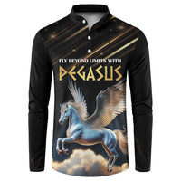 Black long-sleeve button sweatshirt with Pegasus graphic and gold text