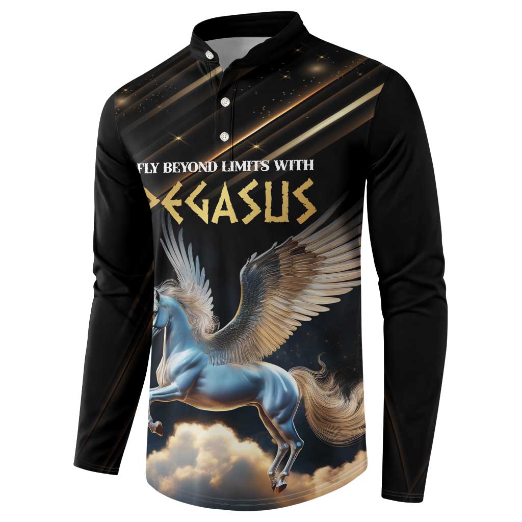 Black long-sleeve button sweatshirt featuring Pegasus over clouds and gold lettering