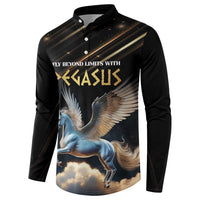 Black long-sleeve button sweatshirt featuring Pegasus over clouds and gold lettering