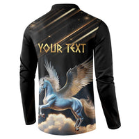 Black long-sleeve button sweatshirt, back shows Pegasus with 'YOUR TEXT'