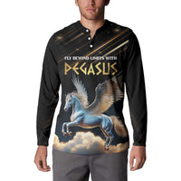 Black long-sleeve button sweatshirt with Pegasus art and gold slogan graphic