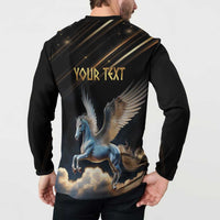 Black long-sleeve button sweatshirt, back Pegasus wing graphic with 'YOUR TEXT'