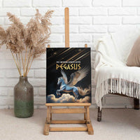 Pegasus canvas wall art, black background, on easel with golden title text