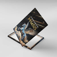 Framed black Pegasus canvas wall art with golden lettering and clouds