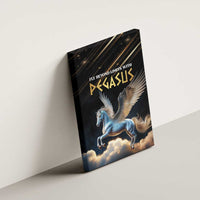 Unframed black Pegasus canvas wall art showing blue horse with wings and title