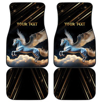 Set of four black car mats: blue pegasus artwork on each with 'YOUR TEXT'.