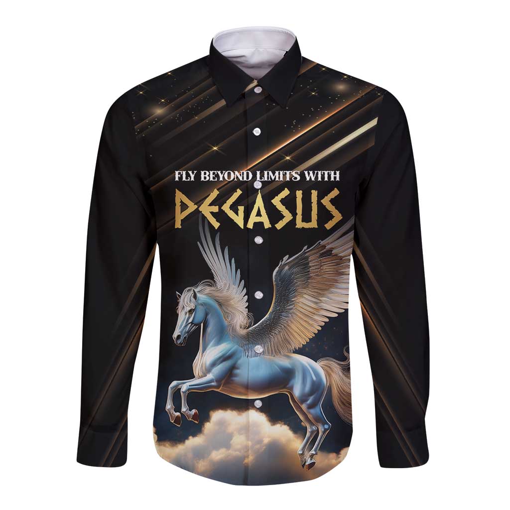 Black long-sleeve button shirt with Pegasus graphic and slogan text on front.