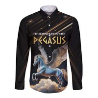Black long-sleeve button shirt with Pegasus graphic and slogan text on front.