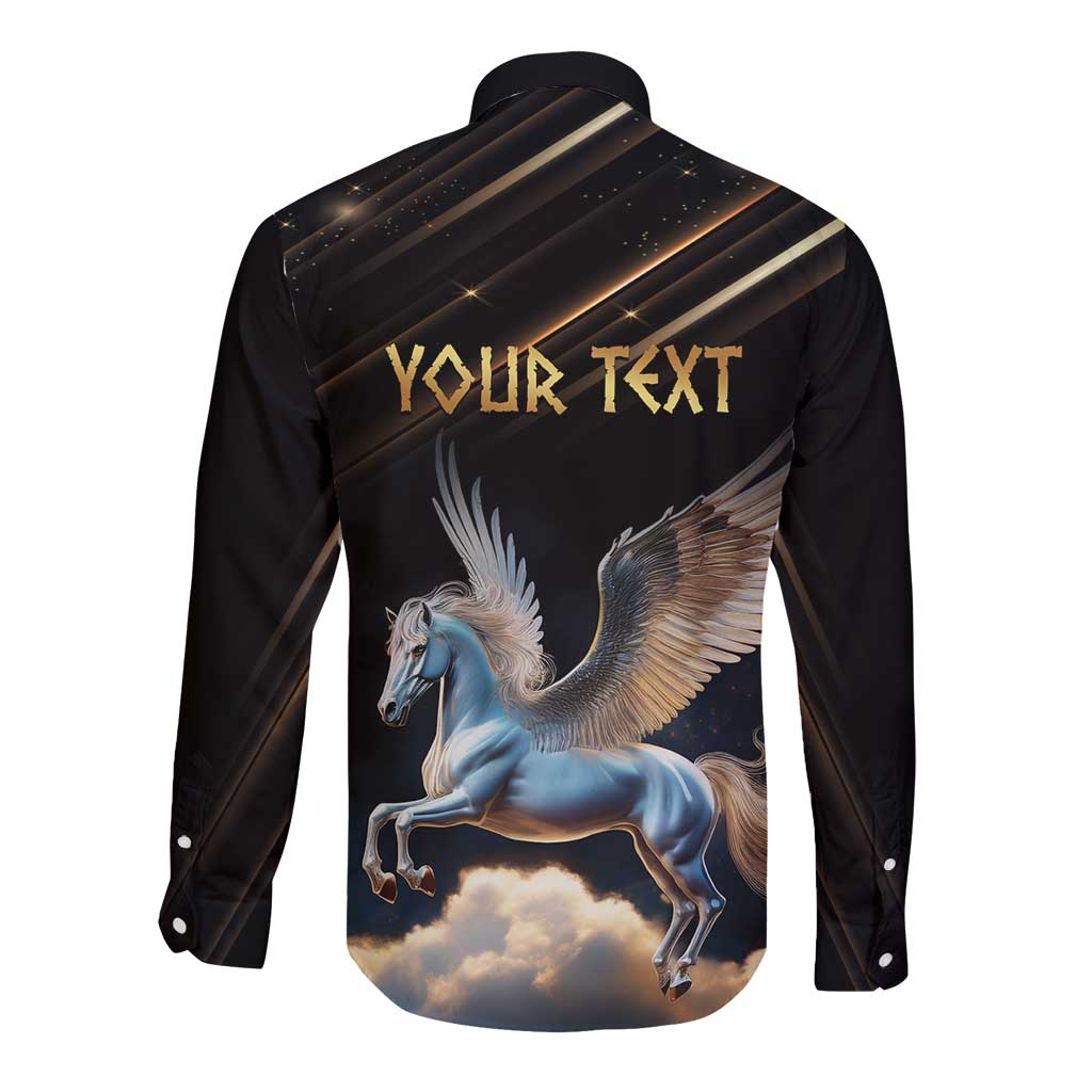 Black long-sleeve button shirt with back Pegasus graphic and 'Your Text' panel.