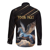 Black long-sleeve button shirt with back Pegasus graphic and 'Your Text' panel.