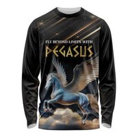 Unisex black long-sleeve shirt with Pegasus front graphic and slogan text