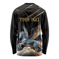 Unisex black long-sleeve shirt with Pegasus back graphic and "Your Text" placeholder