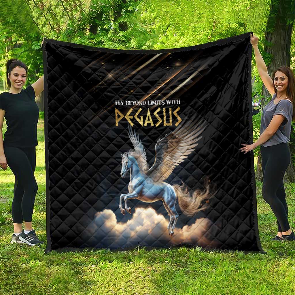 Black quilt with blue Pegasus graphic, held open outdoors on grass