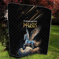 Black quilt with blue Pegasus graphic, angled view outdoors on a lawn