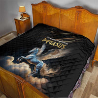 Black quilt with blue Pegasus artwork, on a wooden bed frame
