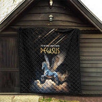 Black quilt with blue Pegasus graphic, displayed indoors on a porch floor