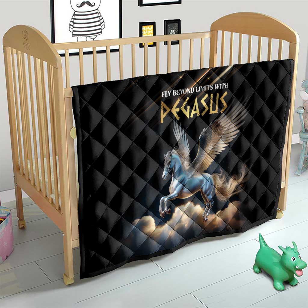 Black quilt with diamond quilting and blue Pegasus graphic, laid on a bed