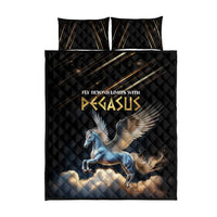 Pegasus quilt bed set: black quilt with two pillow shams, Pegasus wing graphic