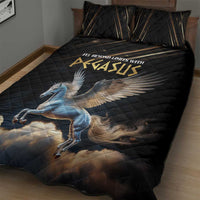 Pegasus quilt bed set: black quilt with Pegasus graphic and quilted diamond pattern