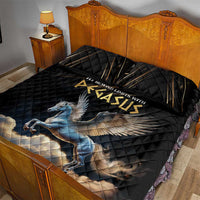 Pegasus quilt bed set: black quilt and pillow shams, Pegasus horse on clouds print