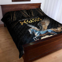 Pegasus quilt bed set: black quilt on bed, Pegasus wing horse design