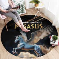 Round black carpet with Pegasus horse and golden wing graphic