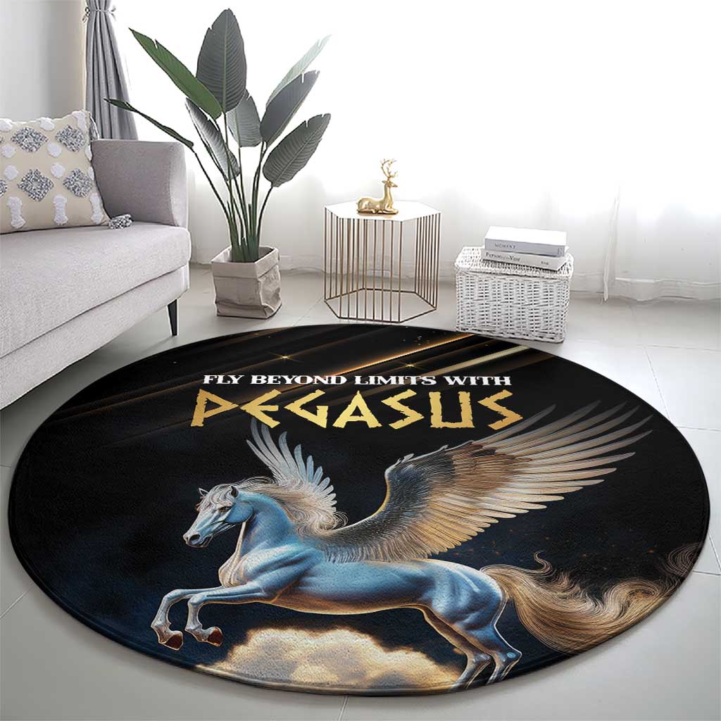 Round black carpet with blue Pegasus and gold winged lettering graphic