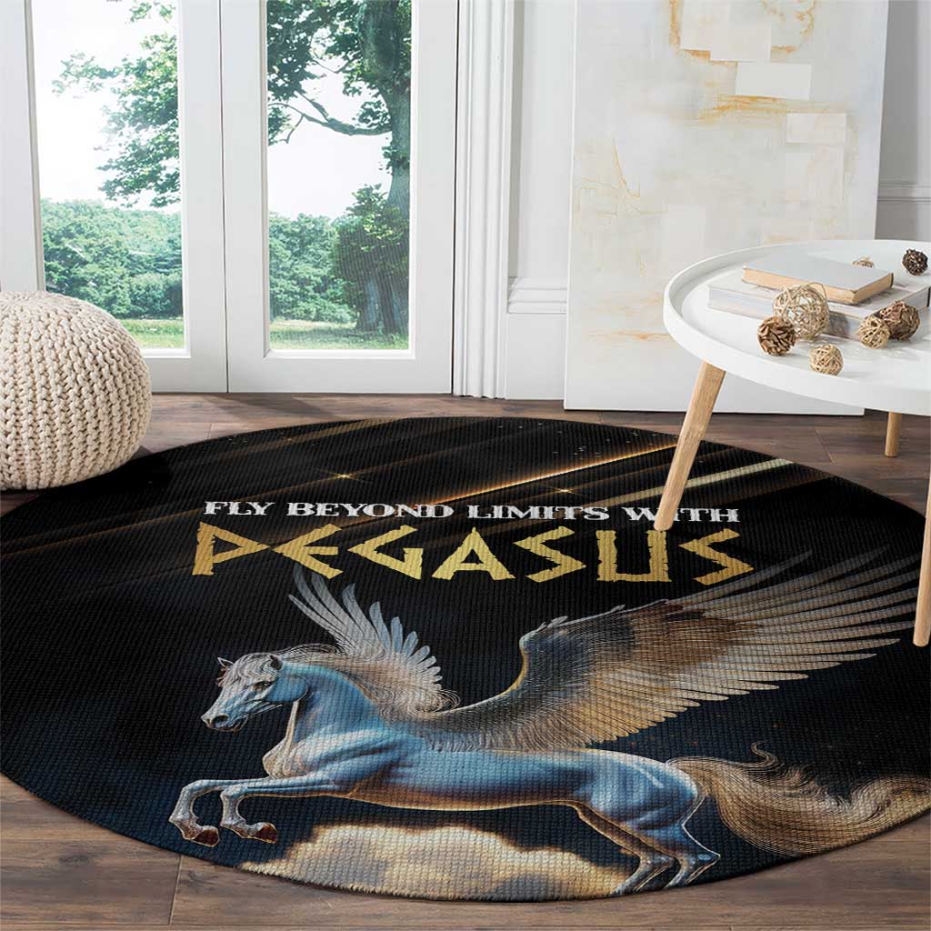 Round black carpet with blue Pegasus horse and winged graphic on floor