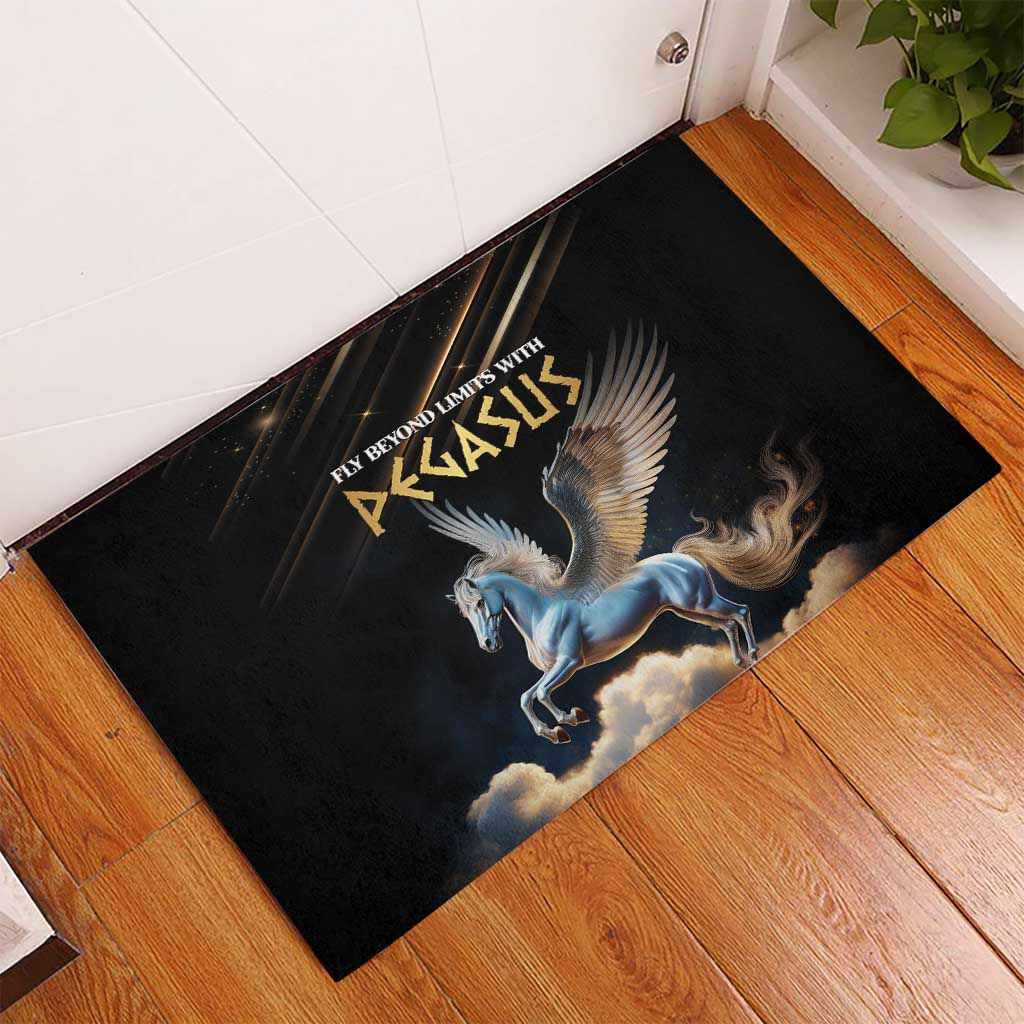 Black rubber doormat featuring Pegasus horse with wings and gold logo text