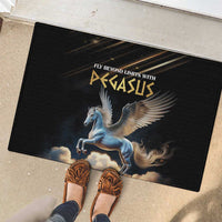 Black rubber doormat with Pegasus graphic, gold lettering, and textured surface