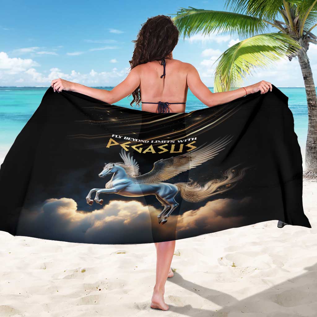 Black sarong with Pegasus wing graphic and gold text, fringeless beach cover-up
