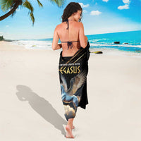 Black Pegasus sarong wrap with winged horse print and gold lettering, ankle-length