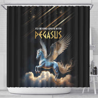 Black shower curtain with Pegasus winged horse artwork and cloud scene