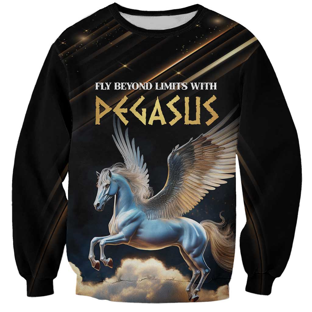 Unisex black sweatshirt with Pegasus graphic and gold 'FLY BEYOND LIMITS' text