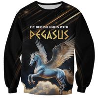 Unisex black sweatshirt with Pegasus graphic and gold 'FLY BEYOND LIMITS' text