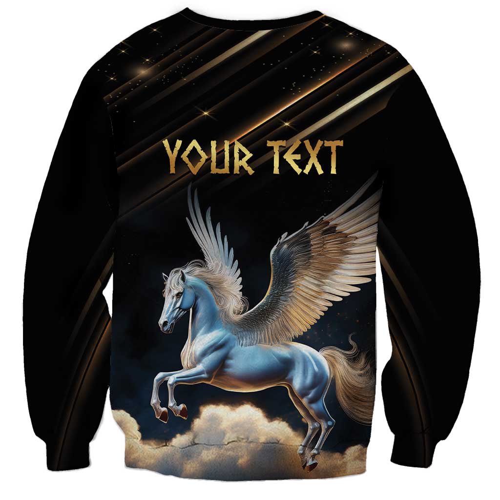 Unisex black sweatshirt with Pegasus graphic and gold 'YOUR TEXT' lettering