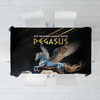 Black Pegasus-themed tablecloth with blue winged horse and gold text
