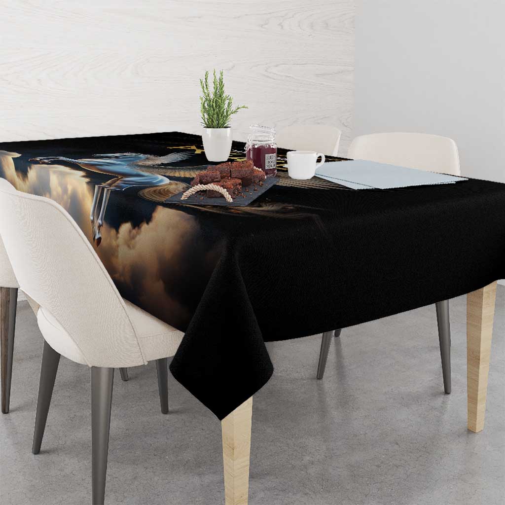 Black dining tablecloth with blue Pegasus and cloudy sky pattern
